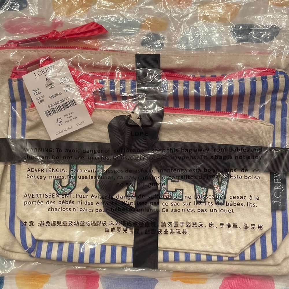 NWT J Crew 3 cosmetic makeup bags, different sizes, colorful with pink zippers.